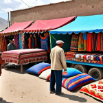 **A vibrant marketplace scene in Karakol, Pakistan, with vendors selling colorful textiles and crafts influenced by Kazakh culture. In the background, show a modern truck offloading goods with Kazakh markings.**